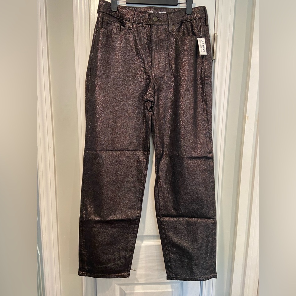 NWT Old Navy Size 12 Black Metallic Sparkle OG Loose High Rise Stretch Pants